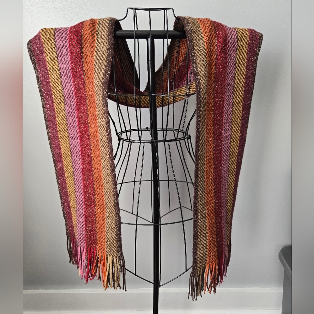 (3/$25)Beautiful Soft Multicolor Striped Scarf with Shimmer Retro 70's Aesthetic
